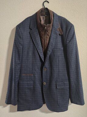 Johnson & Murphy Sports Coat Blazer Mens Large Navy Plaid Removable Quilted Bib
